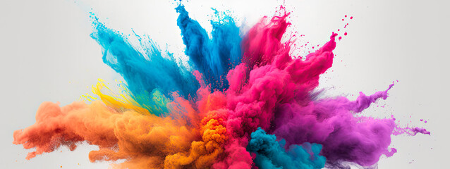 Multicolored explosion of rainbow holi powder paint isolated on white background. Panoramic view. Generative AI