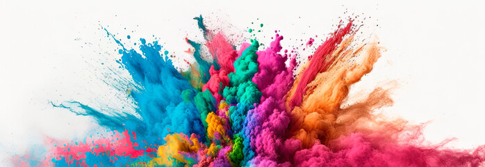 Fototapeta na wymiar Multicolored explosion of rainbow holi powder paint isolated on white background. Panoramic view. Generative AI