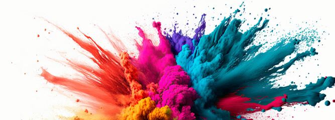 Multicolored explosion of rainbow holi powder paint isolated on white background. Panoramic view. Generative AI