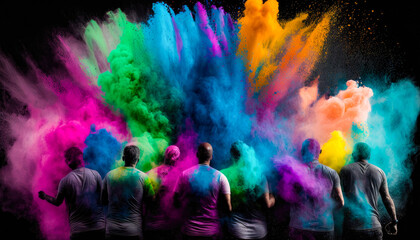 Fototapeta na wymiar People celebrating Holi color festival. Throwing colored powder.