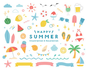 夏・海のシンプルなイラストセット　飾り　装飾　ビーチ　夏休み　リボン　旅行　南国　海水浴　8月　真夏 - obrazy, fototapety, plakaty