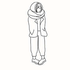 person in a suit a person in fashionable warm clothes,a girl in warm winter clothes,a scarf,sunglasses,sweatpants,sneakers