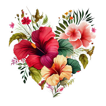 Heart Shaped Hibiscus Bouquet, Romantic Heart Vignette Made Of Vintage Flowers And Leaves Of Hibiscus In Gentle Retro Style Watercolor Painting, PNG Transparent Background, Generative AI.
