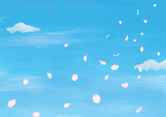 Fototapeta na wymiar 青空に桜が舞い散る水彩画