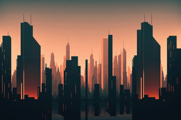 Red evening city though virtual reality headset. Urban sunset scape in metaverse. Futuristic Cartoon style illustration. AI generated