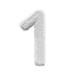 white number 1 Fur 3D element render, Typography fluffy style
