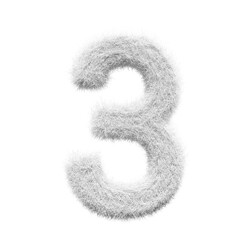 white number 3 Fur 3D element render, Typography fluffy style