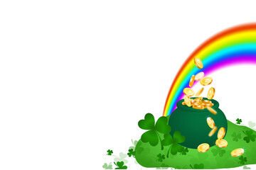 Naklejka premium Pot of gold coins with magic rainbow on transparent background. St. Patrick's Day template. Art illustration for greeting card, social media post, banner or flyer. PNG