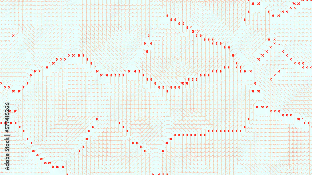 Poster spinning retro surface with tiny shimmering squares. design. rotating bended red lines of pixels on 