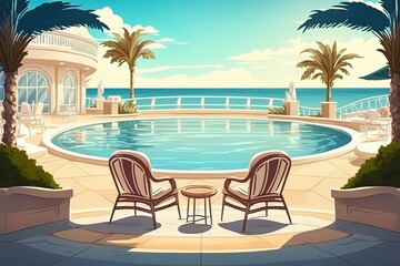 Plakat a lounge chair beside the pool at a beachfront resort Generative AI