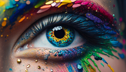 Close-up view of colorful female eye, generative  - obrazy, fototapety, plakaty