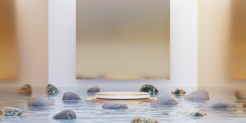 Japanese style podium background Zen style Circular podium on water surface and minimal ZEN style stone 3D illustration