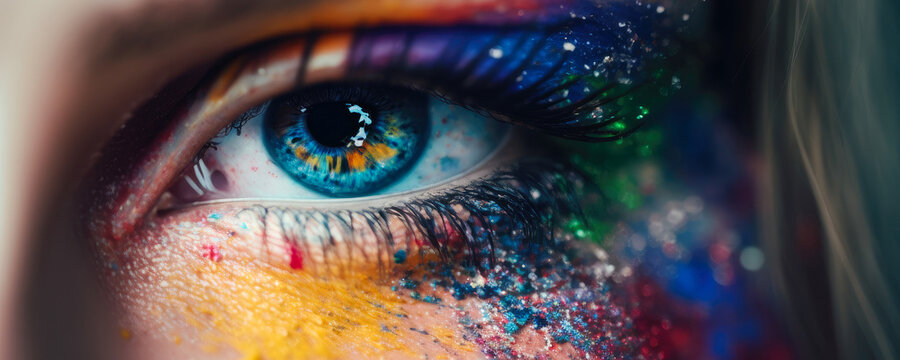 Close-up view of colorful female eye, generative 