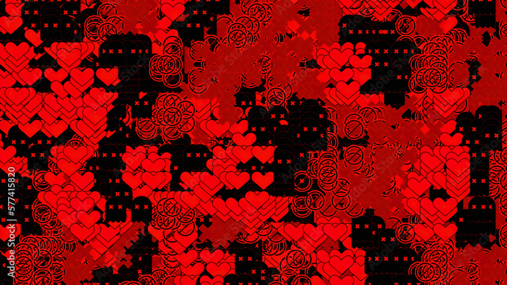 Poster black and red retro surface with tiny shimmering hearts. design. many pixelated blinking colorful he