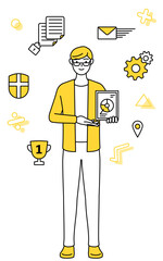 DXのイメージ、デジタル技術を利用して業務改善を行うカジュアルな格好をした若い男性