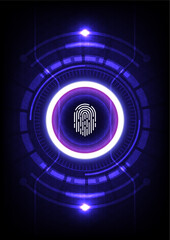 Abstract technology style background, theme of fingerprint scan on digital tech circle with glowing ring