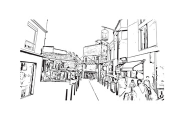 Building view with landmark of Porto Vecchio is the 
commune in France. Hand drawn sketch illustration in vector.