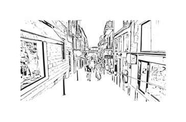 Building view with landmark of Porto Vecchio is the 
commune in France. Hand drawn sketch illustration in vector.
