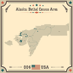 Large and accurate map of Bethel Census Area, Alaska, USA with vintage colors.