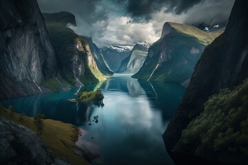 Scenic view of fjord in Norway, Norwegian fjord landscape. Generative AI