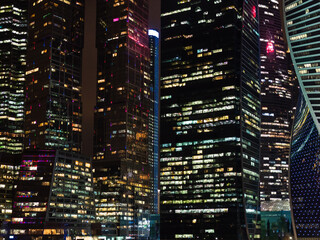 background with of illuminated skyscrapers in Moscow city business district in night