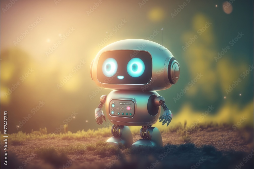Poster cute chat robot assistance isolated on colorful blur background. concept of future robotic innovatio