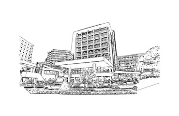 Building view with landmark of Portoroz is a resort town in Slovenia. Hand drawn sketch illustration in vector.