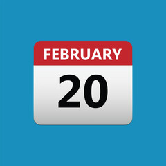 20th February calendar icon. February 20 calendar Date Month icon. Isolated on blue background