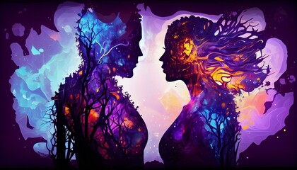 Man and woman silhouettes with Nebula background. Human souls in love, astral bodies. Esoteric and spiritual life concept. Generative Ai illustration. 
