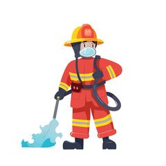 Firefighter in Fireman Suit with Full Equipment and Accessories to Extinguishing Fire Burn in Vector Cartoon Style on White Background