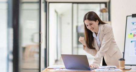 Asian businessman happy successful business partner finance accounting concept beautiful woman...