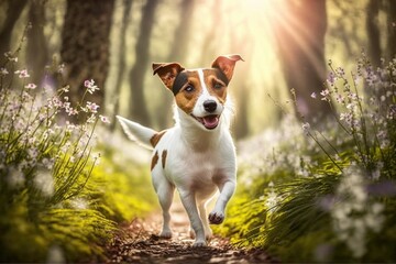 Happy little dog Jack Russell Terrier in the spring forest with flowers, sun rays and bokeh as digital illustration (Generative AI)