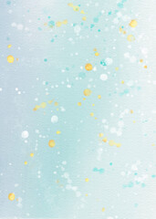 Turquoise and grey soft watercolor background with white and gold splatters