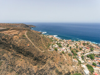 Fototapeta na wymiar Aerial photos of Cidade Velha in Santiago, Cape Verde, reveal a historic town with a stunning coastline, a UNESCO World Heritage Site, showcasing colonial-era architecture, picturesque streets.