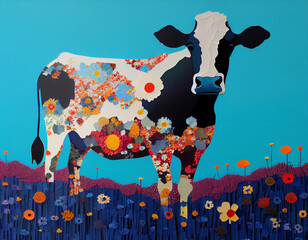 Paper Collage of Cow in Flower Field. Generative ai