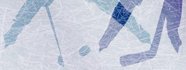 Hockey banner with two players in motion on a ice. Sports illustration with space for text placement, promotions, advertising, promotions, etc.