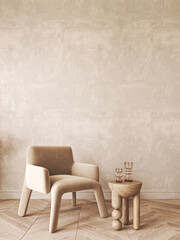 Modern scandinavian style conceptual design interior room. Mock up frame beige plaster wall. Minimal sofa with wooden table and decor. 3d rendering. High quality 3d illustration © Viktoria Kovalchuk