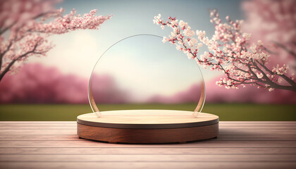 Empty wooden table top product display showcase stage with spring cherry blossom background. Generative ai