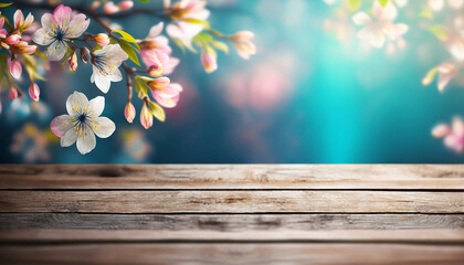 Empty wooden surface with with pink spring sakura cherry blossom background, generative ai