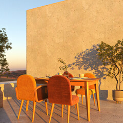 Outdoor scandinavian balcony with modern dining table and chairs. Beautiful nature sunset mountains view and blue sky on background. 3d render. High quality 3d illustration
