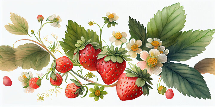 Wide Image of Strawberry Flowers and Leaves and Berries. Generative ai