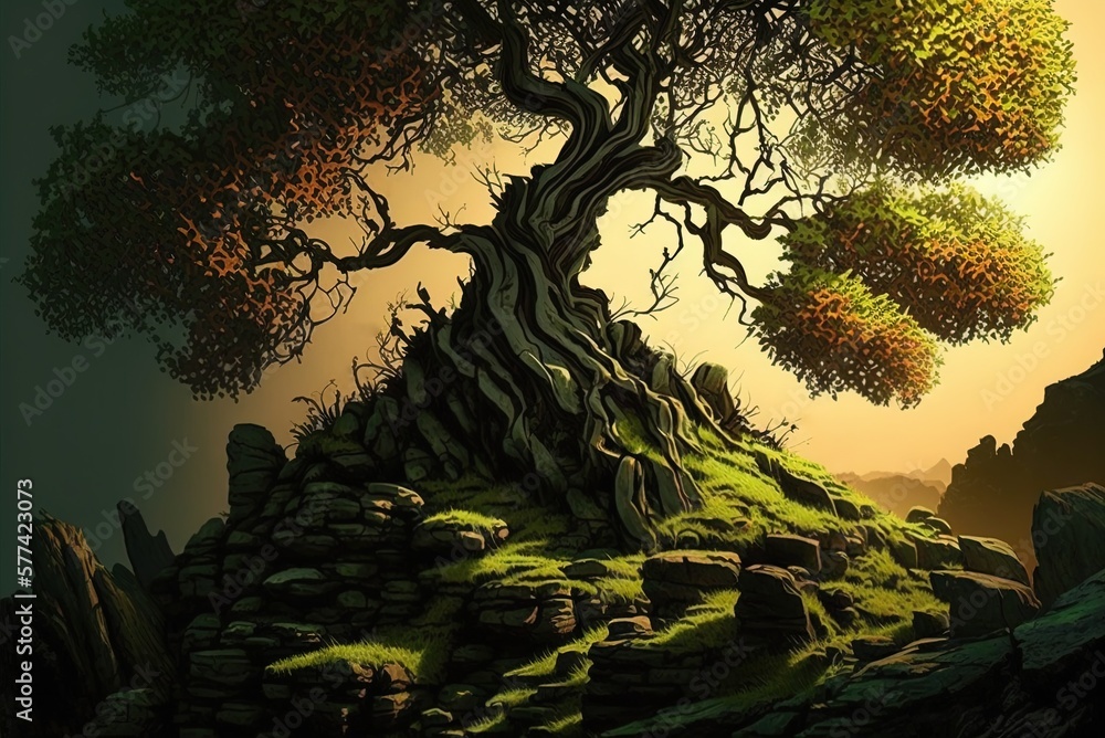 Poster The setting light illuminates a moss-covered tree. Generative AI