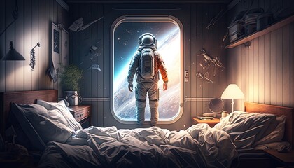 Fototapeta na wymiar Vivid colorful illustrations of astronaut in his bedroom galaxies. Door to space generate ai.