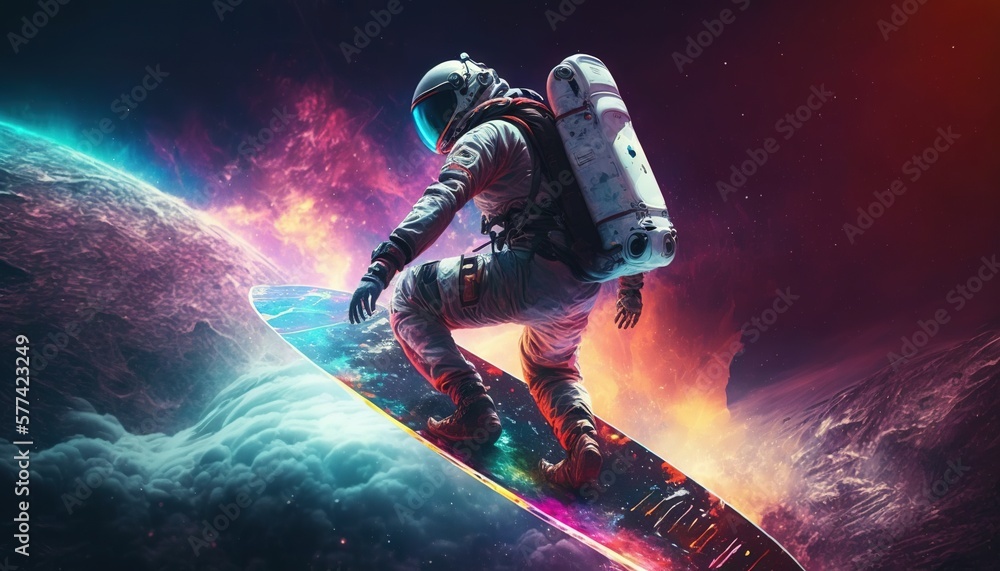 Canvas Prints vivid colorful illustrations of astronaut in space surfing on surfboard waves of galaxies generate a