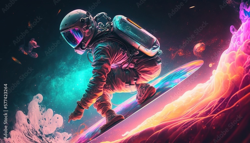 Wall mural vivid colorful illustrations of astronaut in space surfing on surfboard waves of galaxies generate a