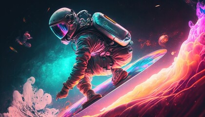 Obraz na płótnie Canvas Vivid colorful illustrations of astronaut in space surfing on surfboard waves of galaxies generate ai.