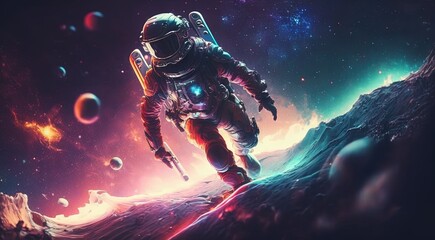 Fototapeta na wymiar Vivid colorful illustrations of astronaut in space surfing on surfboard waves of galaxies generate ai.