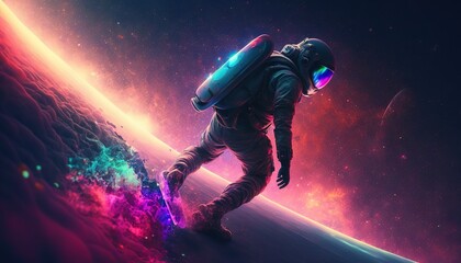 Obraz premium Vivid colorful illustrations of astronaut in space surfing on surfboard waves of galaxies generate ai.