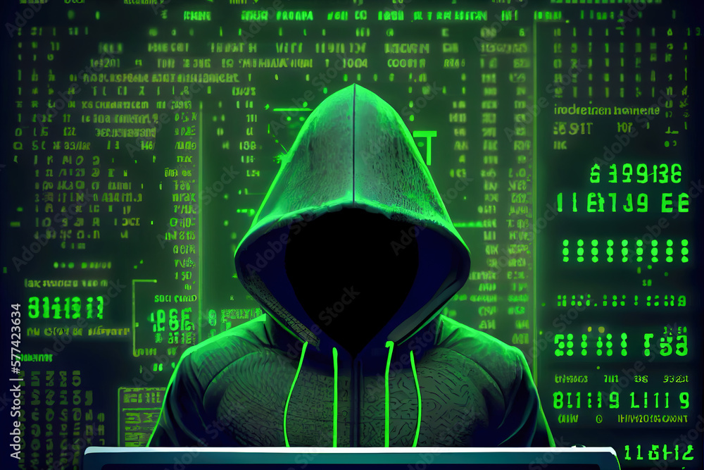 Poster hooded hacker against green background with computer code. generative ai