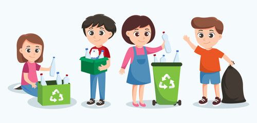 Volunteer activity, garbage collection to save the world concept, vector illustration. Volunteers of young people with  garbage bags. volunteering working and environmental cleanup